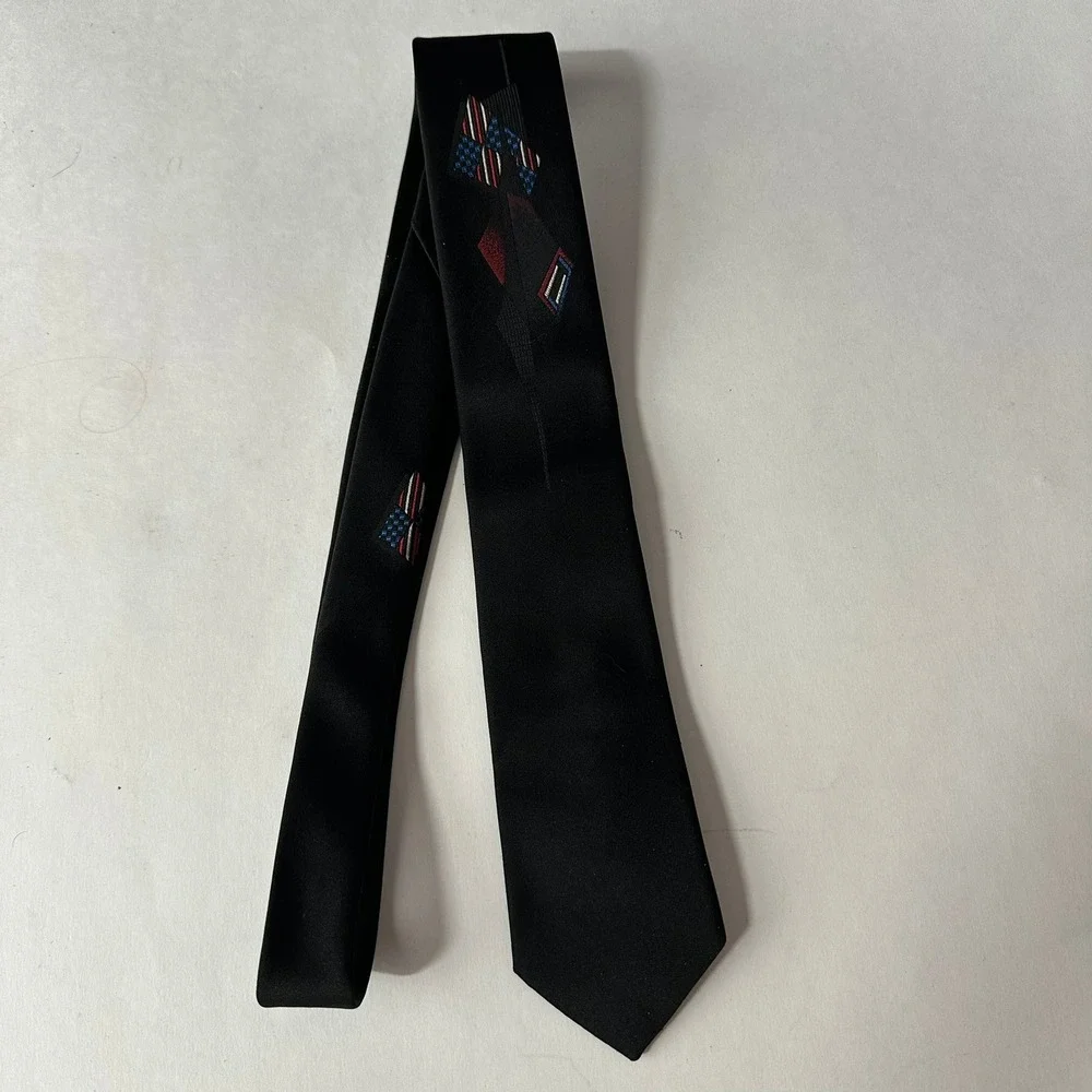 Stringbeans Mens Black Necktie Tie Geometric Patriotic Red White Blue Skinny